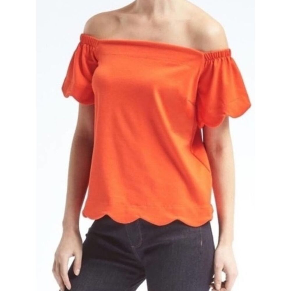 BANANA REPUBLIC Off Shoulder Blouse Scalloped Trim Bright Orange Summer Top